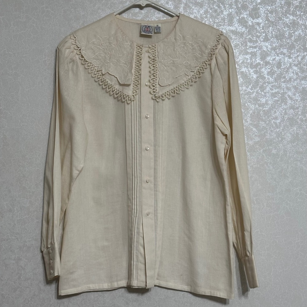 J.G. Hook VTG Embroidered Lace Collar Blouse Cotton Linen Blend Cottagecore M